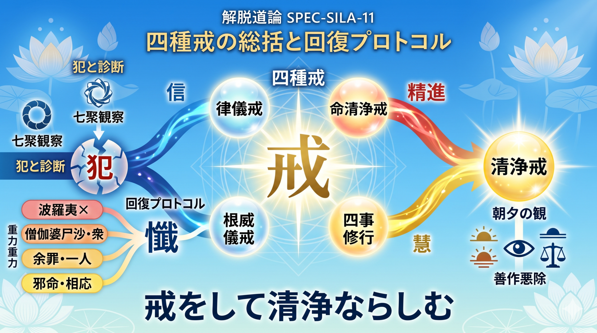戒をして清浄ならしむ──四種戒の総括と、犯の重さに応じた懺悔プロトコル【解脱道論 SPEC-SILA-11】